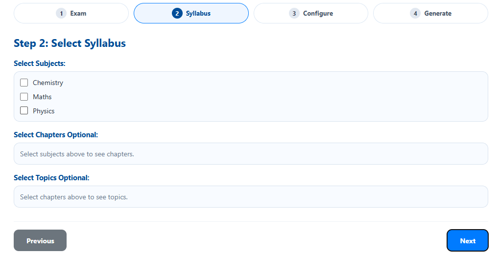Create Your Custom Test – choose exam, subject, chapters, questions and difficulty